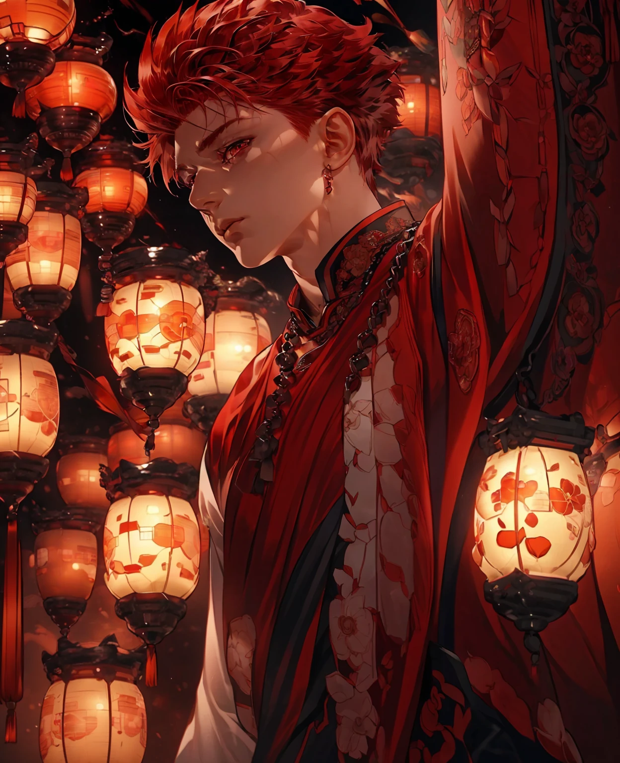 a young man with red hair and red eyes, wearing normal village clothes, detailed face, intricate details, (best quality,4k,8k,highres,masterpiece:1.2),ultra-detailed,(realistic,photorealistic,photo-realistic:1.37),vibrant colors,natural lighting,detailed background,cinematic lighting,highly detailed character,solo shot,striking pose,powerful expression