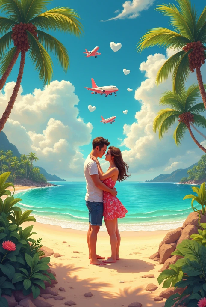 Image of a couple in love in a paradisiacal beach and psychedelic place with lots of colors and clouds in the shape of hearts and airplanes leaving heart designs in the sky.