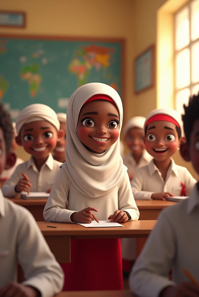 Create a scene of students in a classroom setting in Katsina, Nigeria. The students are wearing traditional school uniforms, with the girls dressed in white hijabs with red headbands and the boys in white shirts with red trousers. The classroom has a warm and vibrant atmosphere, showing the students actively engaged in learning with computers. The students have dark skin tones and are smiling, reflecting their enthusiasm for learning. The overall scene should represent the cultural and regional context of Northern Nigeria