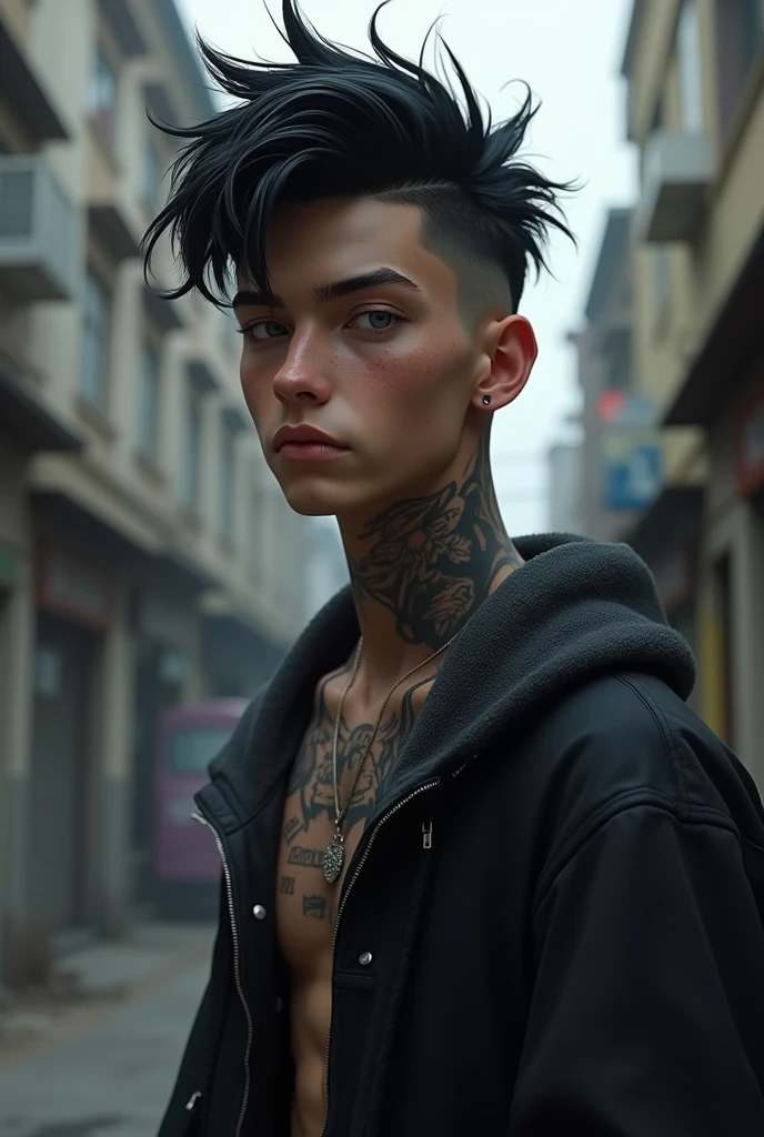 A young man, white skin and short black hair, with a cool haircut, gray blue eyes. Despite being young, he has a marked jaw., a treacherous smile. The face has a more rectangular shape, wears loose, dark clothes. Very urban style, half hip-hop. He has tattoos all over his body and a tattoo on his neck.. PICTURE REALISTIC.