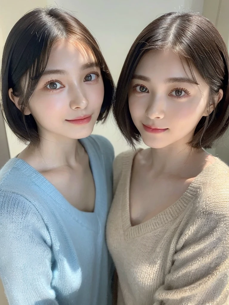 (masterpiece:1.3), (8k, Photoreal, Raw photo, best image quality: 1.4), Japanese high school girl、(random hairstyle:1.2)、cleavage:1.5、super detail face、eye for details、double eyelid、chest to chest、sharp focus:1.2、Beautiful woman:1.4、light brown hair、highest quality、masterpiece、超A high resolution、(Photoreal:1.4)、Highly detailed and professionally lit smiles、loose and light knitwear、shoulder out、thin、serious expression、short haired、deadly position
similar identical twins
All the girls have the exact same face, The two have the same face and figure, as if they were mirror images.