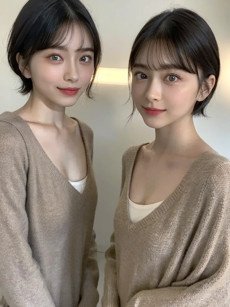 (masterpiece:1.3), (8k, Photoreal, Raw photo, best image quality: 1.4), Japanese high school girl、(random hairstyle:1.2)、cleavage:1.5、super detail face、eye for details、double eyelid、chest to chest、sharp focus:1.2、Beautiful woman:1.4、light brown hair、highest quality、masterpiece、超A high resolution、(Photoreal:1.4)、Highly detailed and professionally lit smiles、loose and light knitwear、shoulder out、thin、serious expression、short haired、deadly position
similar identical twins
All the girls have the exact same face, The two have the same face and figure, as if they were mirror images.