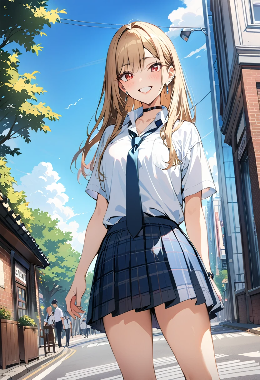 masterpiece, Highest quality, High resolution, Kitagawa Marine, One girl, Blonde, Long Hair, Multicolored Hair, Red eyes, jewelry, Earrings, Earrings, school uniform, White shirt, tie shirt, Black choker, Blue tie, Checked skirt, Grin, smile, Are standing, Cowboy Shot, Outdoor,