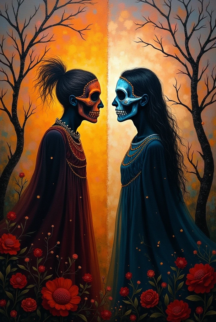 Oil painting alluding to the Day of the Dead of the Purepecha culture and which includes two silhouettes of faces, one on the right side and another on the left side, one representing life and the other representing death, and a transition can be seen between one and the other.