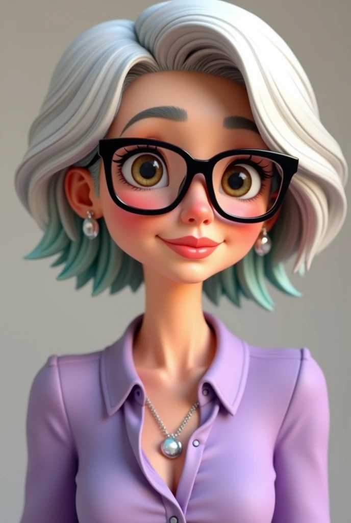 Cartoon character of a woman who looks 40 years old with black glasses and a lilac blouse, WITH SILVER NECKLACE AND EARRINGS, skin fair, big brown-eyes,Cheekbone, black pointy glasses, short white hair,bangs thrown to the right, hot pink with aqua green tips, an animated character, stylized character, animation style rendering, 3d stylized, Arnold Maya rendering, Stylized 3D rendering, toon render screenshot, 3d character, 3d character, Stylized 3D rendering, 3D character rendering, cartoon character, Personagem de close up, character posing, (Pixar-style) (master part:1.2) (bokeh) (best qualityer) (skin detailed) (detailed texture) (8k) (Argilla) (cinematic lighting) (sharp focus,Sit down and lift your upper body