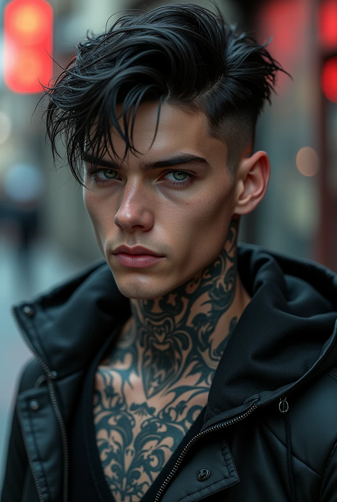 A young man, white skin and short black hair, with a cool haircut, gray blue eyes. Despite being young, he has a marked jaw., a treacherous smile. The face has a more rectangular shape, wears loose, dark clothes. Very urban style, half hip-hop. He has tattoos all over his body and a tattoo on his neck.. PICTURE REALISTIC.