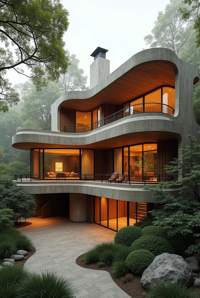 A home that combines features of the Fallingwater House and the Guggenheim in New York, Simple home, two floors