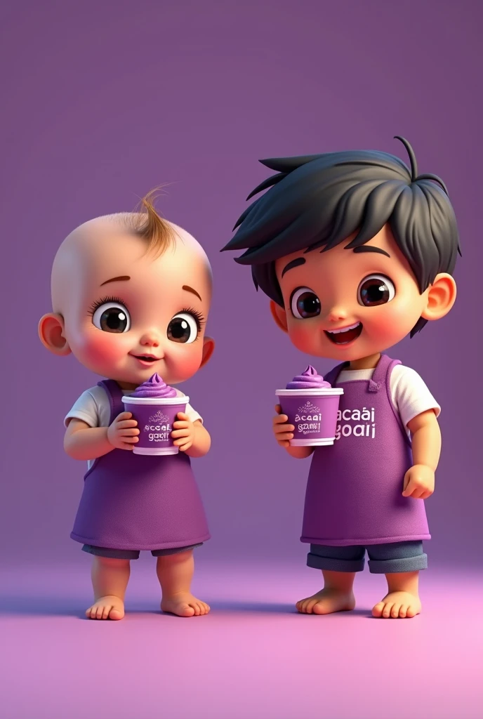 A 4  with light eyes and hair, de frente selling a cup of açaí, wearing a purple apron with the words açaí dos guri written on it. And a 4 year old boy w hair and eyes, selling a cup of açaí , wearing an apron with the words açaí dos guri written on it. Photo for a commercial selling açaí, enhance the purple background. Cartoon style photo