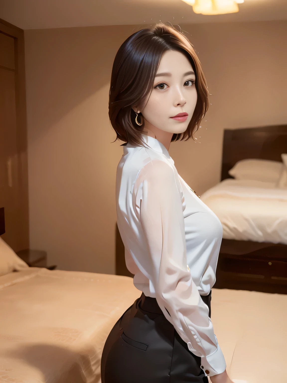 (masterpiece),(Highest quality),(Very detailed),(High resolution),(Photorealistic Stick),(RAW Photos),8k,Room lighting:Incandescent color: about 1000 Kelvin、A kind 60-year-old Japanese mother、Realistic facial wrinkles、Standing in the bedroom、Blue long skirt、((She is wearing a white see-through blouse))、No bra、Gorgeous medium length hair、Ring-shaped earrings、Perfect Makeup、Frustrated face、An inviting face、Very large breasts、J Cup、Very saggy breasts、Narrow waist、Wide ass、Fatty face、(((An angle that shows the shape of the breasts from the side)))、
