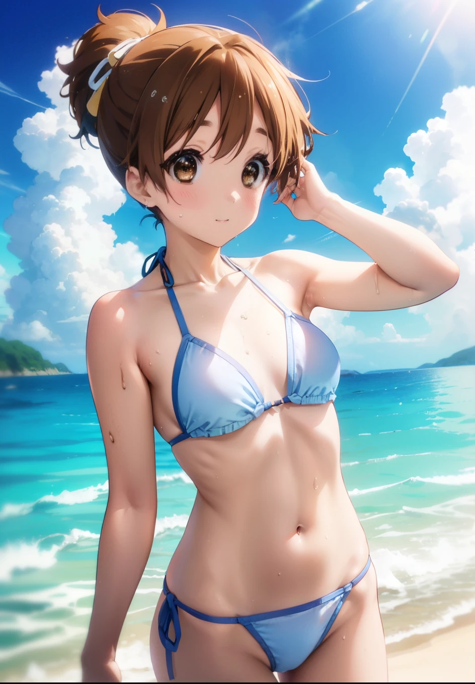 Konui Hirazawa, Yu Hirasawa, short hair, Brown Hair, (Brown eyes:1.5), ponytail,smile,Open your mouth,Light blue bikini string swimsuit,barefoot,Water Play,Wet Hair,Wet Skin,Wet swimsuit,Daytime,Clear skies,True Summer,whole bodyがイラストに入るように,
break outdoors,Ocean,
break looking at viewer,whole body, (Cowboy Shot:1.5),
break (masterpiece:1.2), Highest quality, High resolution, unity 8k wallpaper, (figure:0.8), (Beautiful attention to detail:1.6), Highly detailed face, Perfect lighting, Highly detailed CG, (Perfect hands, Perfect Anatomy),