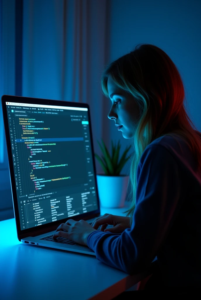 Create an image of a woman working on a laptop in a modern, minimalistic environment. The setting should be clean and well-lit, with the focus clearly on the laptop screen. The screen should display a web interface with lines of code, design elements, or a sleek website layout, highlighting the process of web development and design. The color palette of the image should blend seamlessly with a dark website background, incorporating vibrant highlights, especially in neon blue or subtle electric hues, that reflect off the laptop screen and add a tech-savvy, futuristic feel. The woman should appear focused and professional, with the overall atmosphere of the scene conveying innovation, digital creativity, and expertise in front-end development. The environment should also feel sophisticated, emphasizing the theme of cutting-edge technology and design.