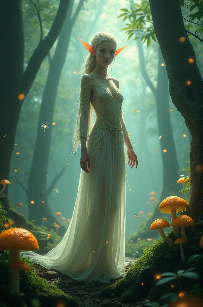 An albino woman and behind her a forest with extraordinary creatures