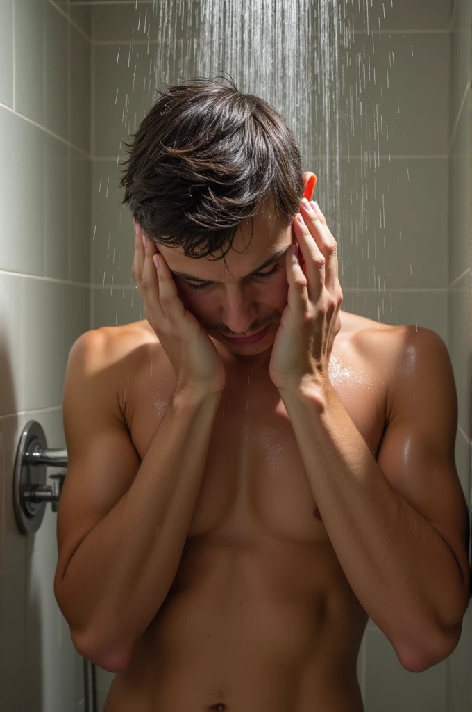 A naked boy taking shower 