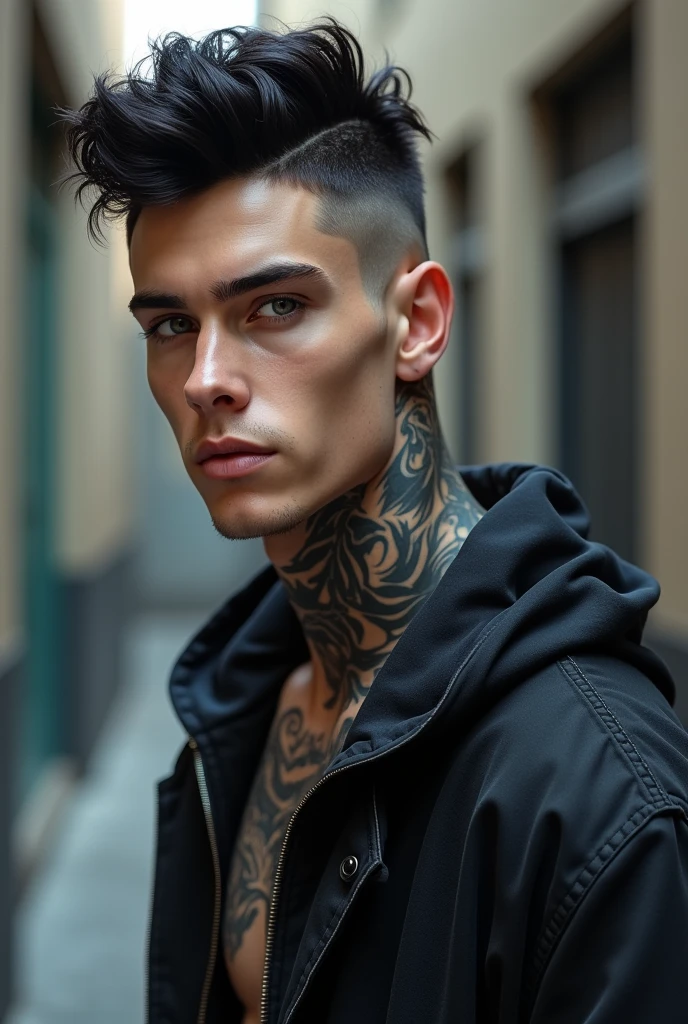 A young man, white skin and short black hair, with a cool haircut, gray blue eyes. Despite being young, he has a marked jaw., a treacherous smile. The face has a more rectangular shape, wears loose, dark clothes. Very urban style, half hip-hop. He has tattoos all over his body and a tattoo on his neck.. PICTURE REALISTIC.