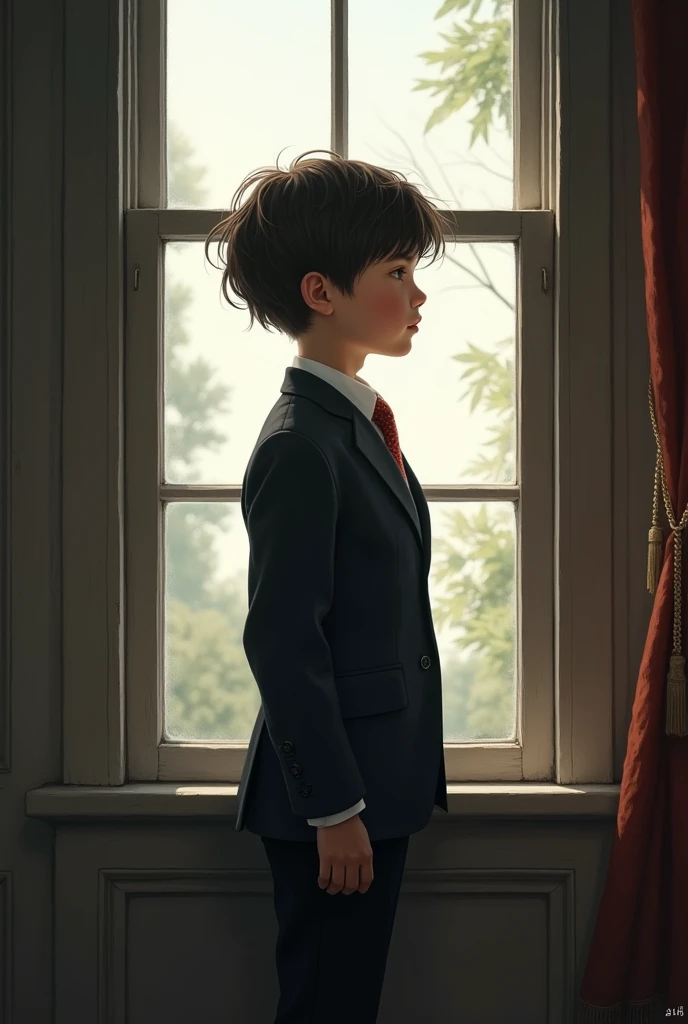 A boy dressed in a suit looking out the window Reflecting 