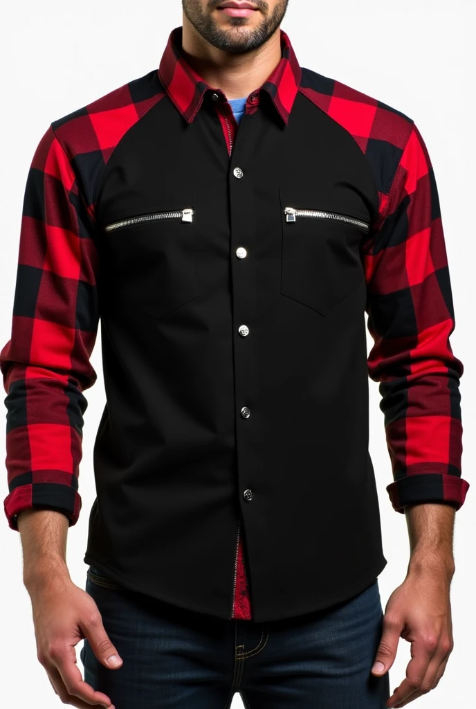 Raglan social shirt, with zipper on top, buttons on the body in the center, open bottom without zipper or buttons, with black shirt body, with long sleeves black and red plaid all over, small beginning of the folded sleeve only black, bottom of the red and black checkered shirt, large red and black plaid collar, two zippered pockets, One on Each Side, men's fashion