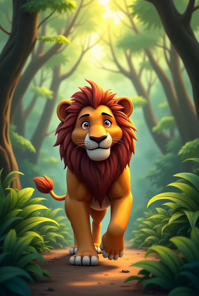 Image of a lion walking through the jungle animated version

