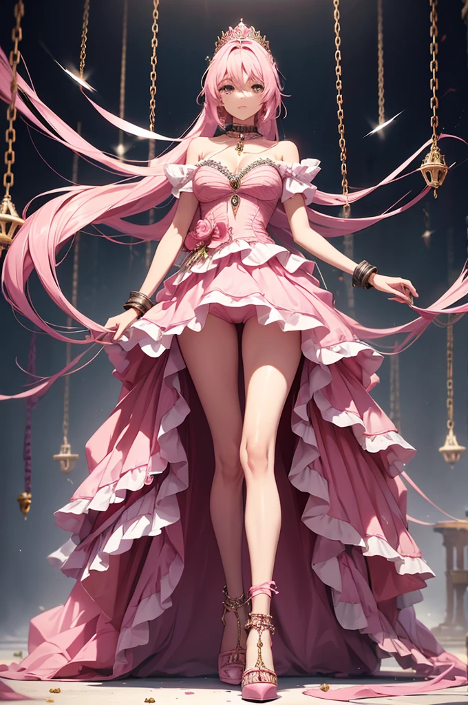 Beautiful woman, full body, adult woman, long hair, princess crown on head, pink dress, pink dress, pink dress, ripped dress, torn dress, chained with outstretched arms, prisoner, prisoner, shackles on arms, outstretched arms, pink heels, bare legs, bare arms, chains, surround woman, chained woman, pink heels, many chains surround woman, chain surrounds woman's ponytail, Chain surrounds woman's ponytail, long legs, long legs, bare legs