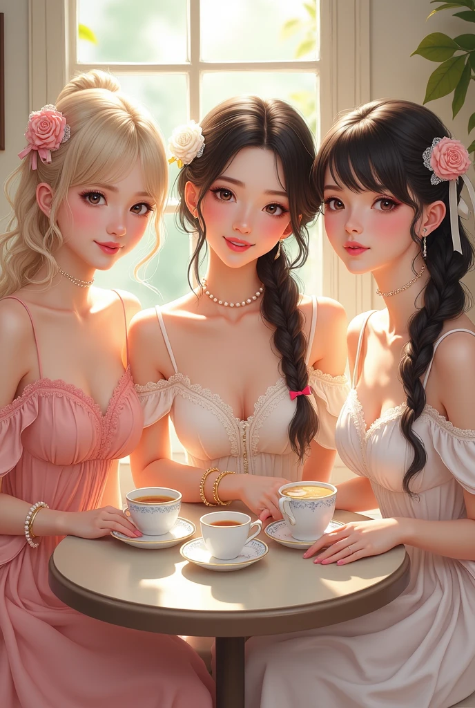 Highest quality、High resolution、Detailed Background、(Beautiful face in every detail:1.4)、Anatomically correct、(Detailed facial expressions)、Detailed eyes、age beauty、Highly detailed face、Light color hair、ponytail、Bobcut、Braided long hair、Wavy Hairstyle、well-groomed eyebrows、Cute Eye Makeup、Cute Lip Makeup、Calm atmosphere、Tea time at the cafe、A big smile、smile、
(Three women enjoying tea time at a cute cafe:1.5)、
Flared silhouette dress、Camisole dress with frills and lace、
A-line dress with ribbon and flower motif、A clean base color such as white、
Ribbon and flower hair accessories、Pearl and jewel necklaces、bracelet、
Lace bag、Pumps with ribbon、Gorgeous but feminine、very beautiful