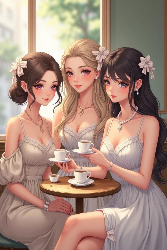 Highest quality、High resolution、Detailed Background、(Beautiful face in every detail:1.4)、Anatomically correct、(Detailed facial expressions)、Detailed eyes、Teenage beauty、Highly detailed face、Light color hair、ponytail、Bobcut、Braided long hair、Wavy Hairstyle、well-groomed eyebrows、Cute Eye Makeup、Cute Lip Makeup、Calm atmosphere、Tea time at the cafe、A big smile、smile、
(Three women enjoying tea time at a cute cafe:1.5)、
Flared silhouette dress、Camisole dress with frills and lace、
A-line dress with ribbon and flower motif、A clean base color such as white、
Ribbon and flower hair accessories、Pearl and jewel necklaces、bracelet、
Lace bag、Pumps with ribbon、Gorgeous but feminine、very beautiful