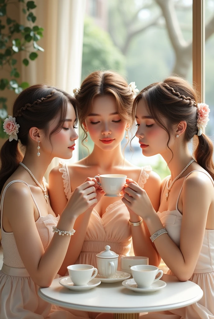Highest quality、High resolution、Detailed Background、(Beautiful face in every detail:1.4)、Anatomically correct、(Detailed facial expressions)、Detailed eyes、Teenage beauty、Highly detailed face、Light color hair、ponytail、Bobcut、Braided long hair、Wavy Hairstyle、well-groomed eyebrows、Cute Eye Makeup、Cute Lip Makeup、Calm atmosphere、Tea time at the cafe、A big smile、smile、

(Three women enjoying tea time at a cute cafe:1.5)、

Flared silhouette dress、Camisole dress with frills and lace、
A-line dress with ribbon and flower motif、A clean base color such as white、
Ribbon and flower hair accessories、Pearl and jewel necklaces、bracelet、
Lace bag、Pumps with ribbon、Gorgeous but feminine、very beautiful