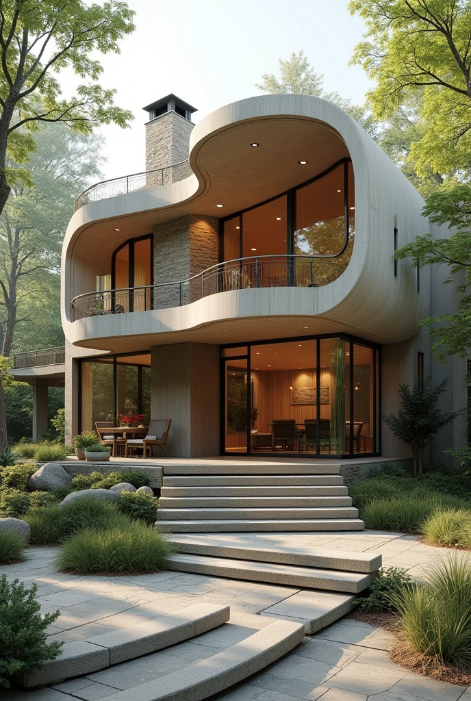 A home that combines features of the Fallingwater House and the Guggenheim in New York, Simple home, two floors, along with an architectural plan