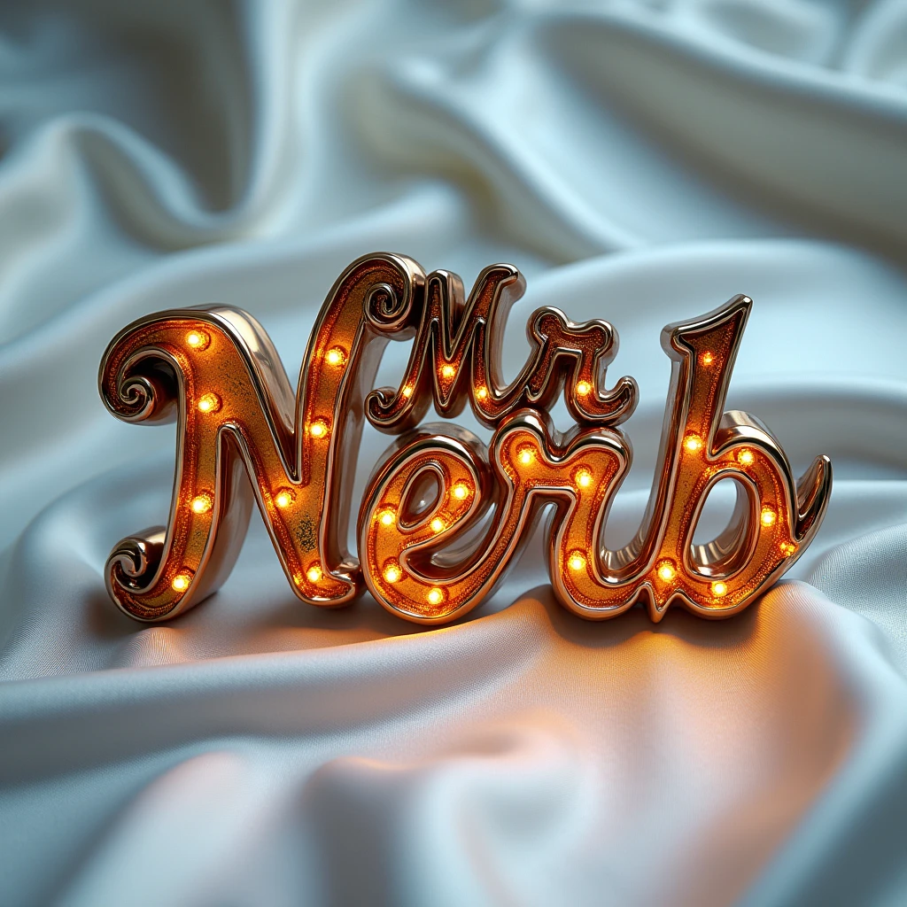 (text:"Mr Nerb") The words, in steampunk fancy script text direct lighting front face view, shiny chrome with tropical reflection and bright highlights, small coloured led, glowing glass, on white silk background, flowing shapes and calligraphy flourishes, lens flare, logo, badge, emblem, insignia, label, photorealistic, extremely detailed, beautiful, unique, epic, cinematic, BIG