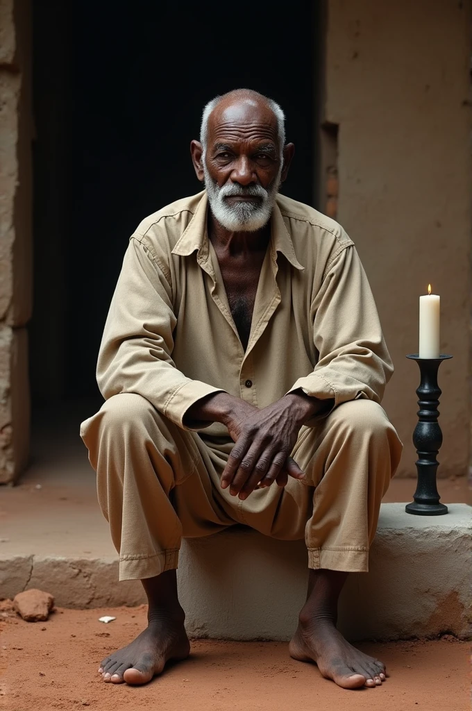 80 year old man ,baldie ,short white beard ,stark ,sitting on a white stone ,red clay floor place ,holding a black cigar in his right hand .on the floor on the right side a candle half white and half black,with folded beige wide-sleeved blouse and folded beige pants , barefoot .piercing look.
Time of slavery 