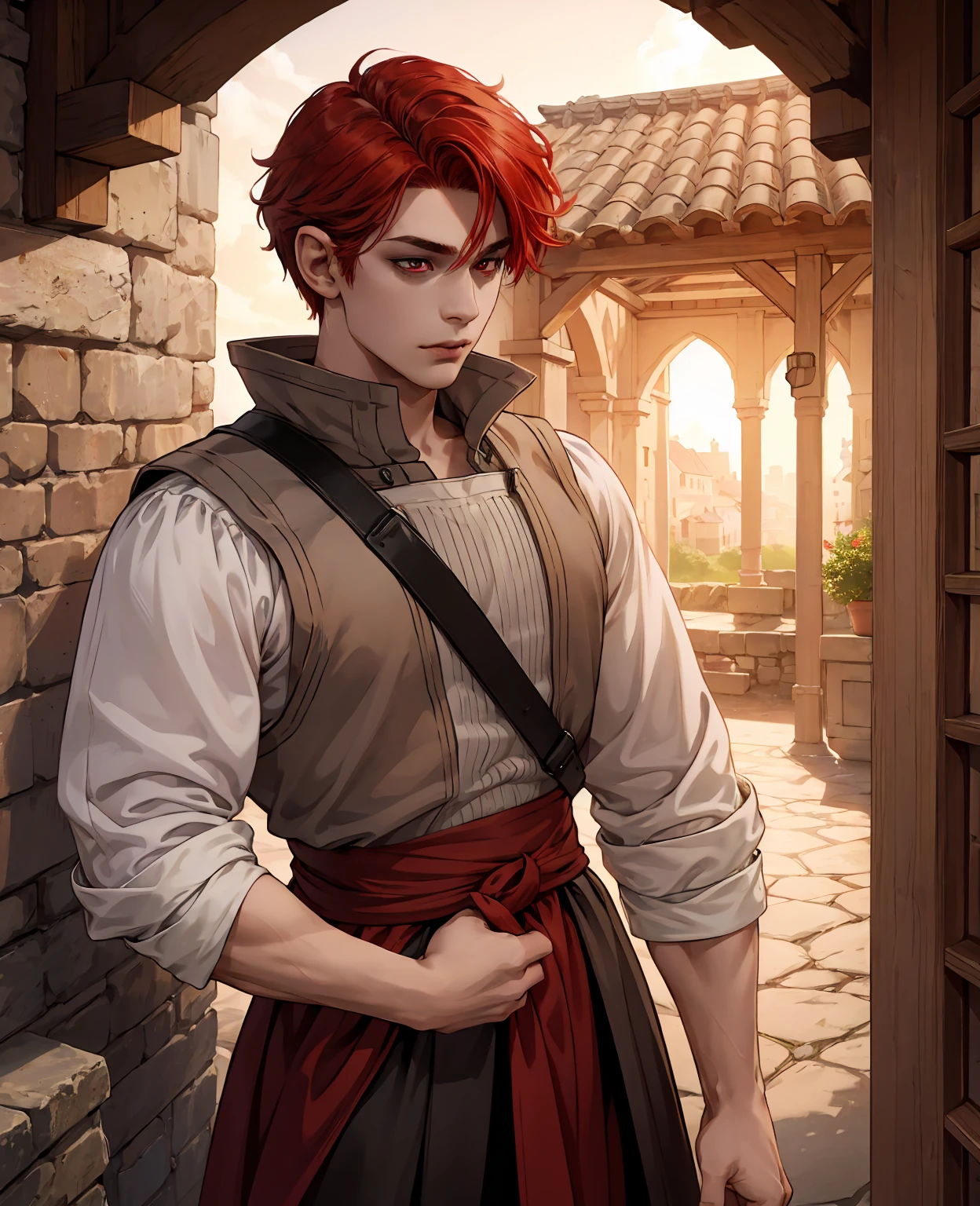 A young man, detailed red hair, detailed red eyes, normal villager clothes, elegant pose, standing in a medieval village, realistic, photorealistic, 8k, best quality, highly detailed, cinematic lighting, warm color tones, ambient occlusion, depth of field