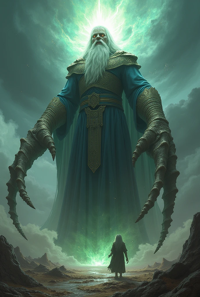 Most powerful wizard with God power with giant legs made of dragon bones