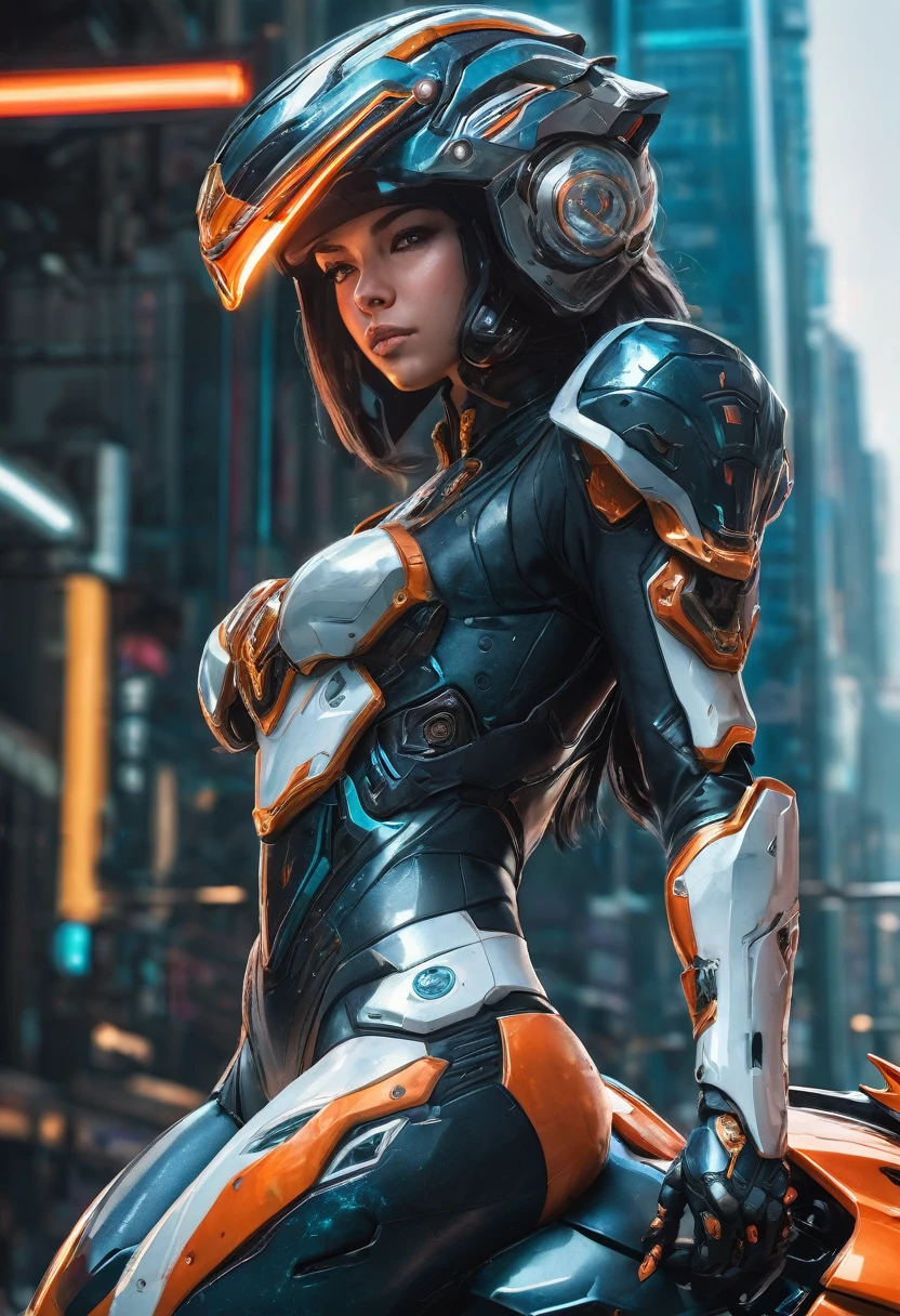 a close up of a person standing on a motorcycle with a helmet, diversos cyber suits, futuristic clothes, cyber suit, cyber suits, cyber suit, sci-fi costume, with futuristic equipment, science fiction female character, of a beautiful Warframe woman, science fiction skin, girl with mecha cybernetic armor, sitting on a cyberpunk motorcycle, A big sword in his hand very pretty face She is raising a sword face to face
