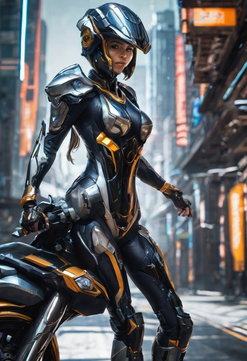 a close up of a person standing on a motorcycle with a helmet, diversos cyber suits, futuristic clothes, cyber suit, cyber suits, cyber suit, sci-fi costume, with futuristic equipment, science fiction female character, of a beautiful Warframe woman, science fiction skin, girl with mecha cybernetic armor, sitting on a cyberpunk motorcycle, A big sword in his hand very pretty face Japanese