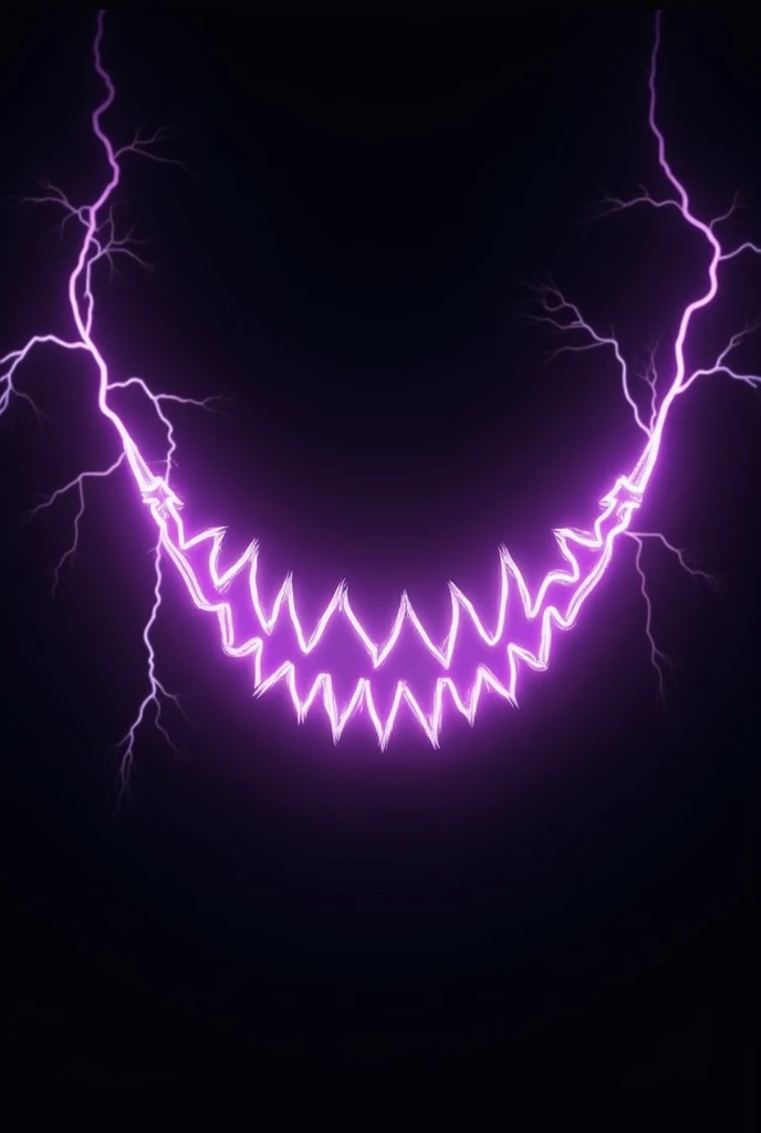 Do A black screen with purple thunders on it, these thunders form a smile with teeth, The smile has a cartoon style but the thunder is realistic, and there are several thunders, The teeth are those of a normal person, they are not pointy.