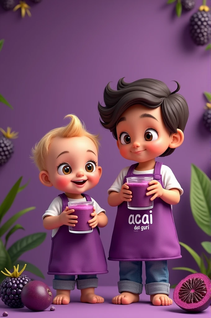 A 4  with light eyes and hair, facing forward holding a cup of açaí, wearing a purple apron with the words açaí dos guri written on it. And a 4 year old boy w hair and eyes , wearing an apron with the words açaí dos guri written on it. Photo for a commercial selling açaí, enhance the purple background with realistic images of acai and acai fruits. Cartoon style photo