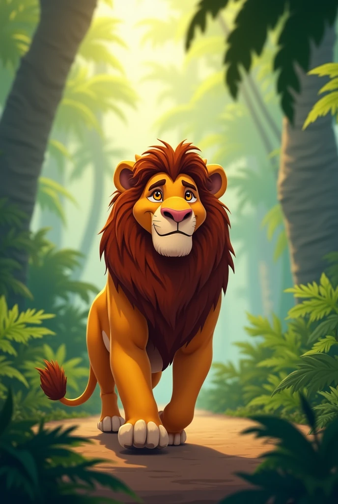 Animated image of a lion walking through the jungle with a wider background