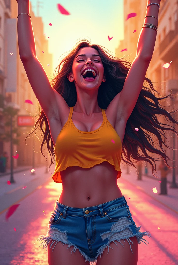 A girl cheers with her tits out