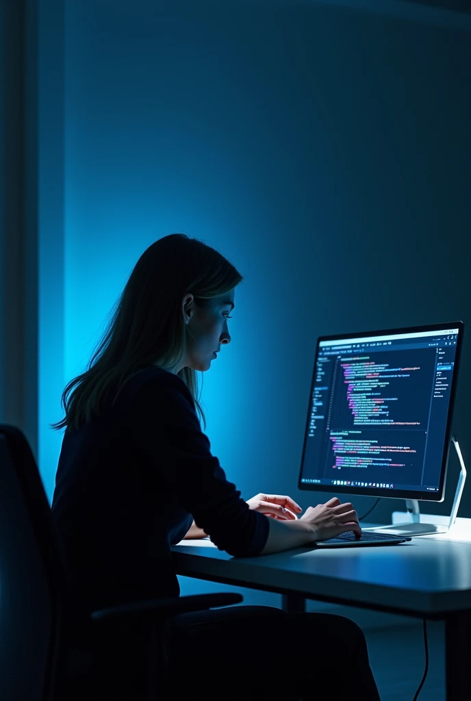 Create an image of a man working on a laptop in a modern, minimalistic environment. The setting should be clean and well-lit, with the focus clearly on the laptop screen. The screen should display a web interface with lines of code, design elements, or a sleek website layout, highlighting the process of web development and design. The color palette of the image should blend seamlessly with a dark website background, incorporating vibrant highlights, especially in neon blue or subtle electric hues, that reflect off the laptop screen and add a tech-savvy, futuristic feel. The woman should appear focused and professional, with the overall atmosphere of the scene conveying innovation, digital creativity, and expertise in front-end development. The environment should also feel sophisticated, emphasizing the theme of cutting-edge technology and design.