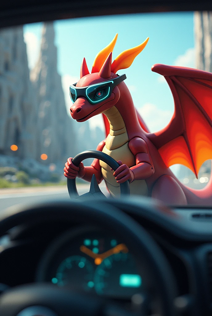 Black and red Charizard driving a car while wearing futuristic glasses 