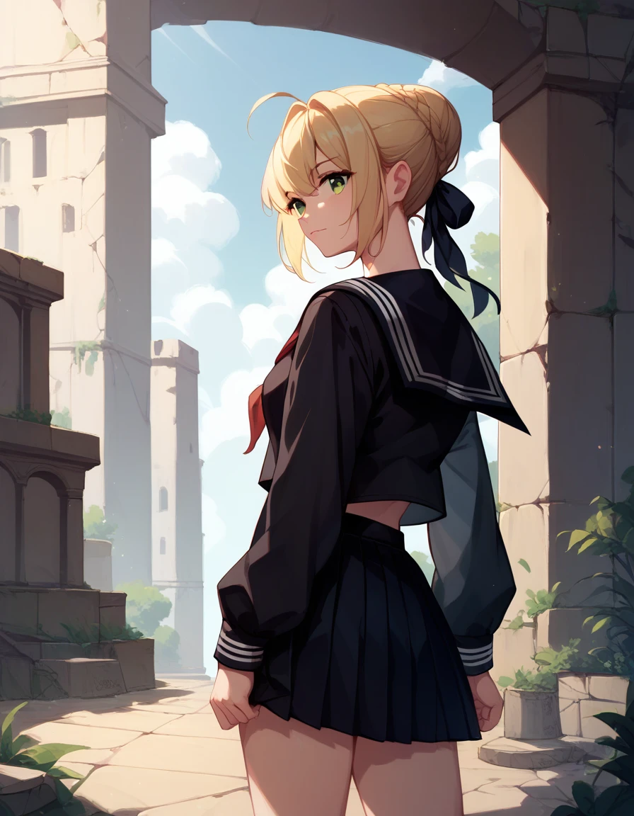 (((masterpiece, ultra-detailed))), nsfw, ,Black serafuku, long Sleeves, standing,1Girl ,thirties blonde hair, french braid, single hair bun, green eyes, ahoge, ruins
