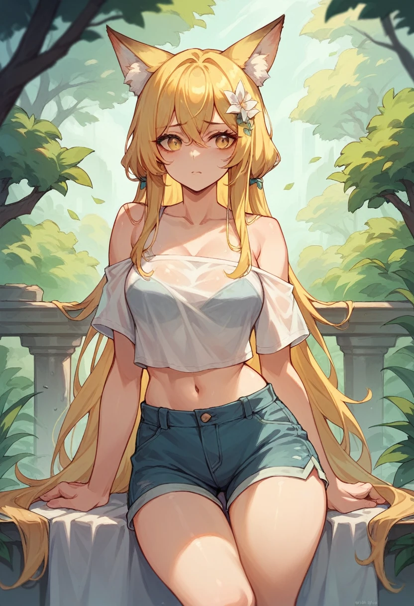 beautiful girl White and yellow hair Yellow Eyes Fox ears Anxious expression Bellybutton clothes You can see the valley from the front Shorts