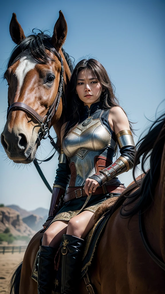 Portrait of a warrior woman stands in front of the horse, Assassin's Creed game, photo realist, post-apocalypse