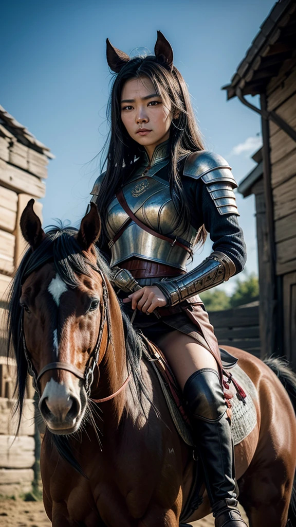 Portrait of a warrior woman stands in front of the horse, Assassin&#39;s Creed game, photo realist, post-apocalypse