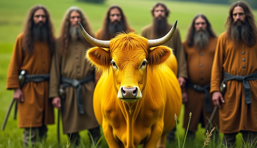 ghost, aesthetic nightmare Realistic picture of a bright yellow cow surrounded by men in traditional old clothes, long hair and belts Behind them is a green grassy area.  