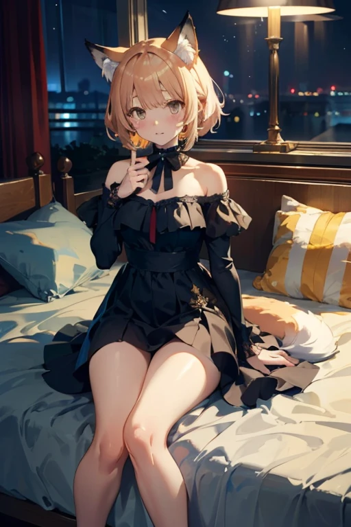 ((Highest quality)), ((masterpiece)), (detailed), One girl,Off-the-shoulder dress, Cat ear,Fox tail,night,On the bed,Cowgirl