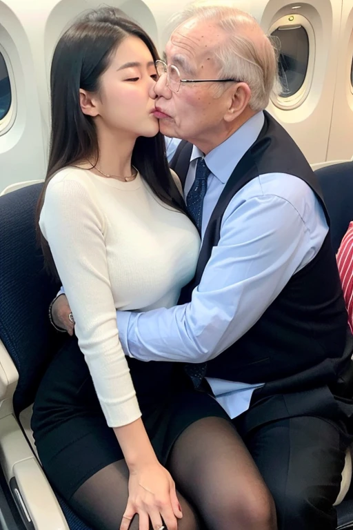 cowboy shot, (((1 old korean man and 1 young korean girl having a deep kiss))), {1 korean girl is 20 years old, strikingly beautiful, black hair, delicate facial features, red lips,expressive eyes, perfect anatomy, best quality, shiny skin, (skinny, slender body:1.2), black hair, single hair bun, [shiny natural red lips], brightly smile, laughing, wearing blue stewardess uniform, tight pantyhose, girl sitting on the chair}, (((old man is 70 years old, wearing business suit))), correct hands, ((old man hugging young girl)), focus on old man, in the airplane,