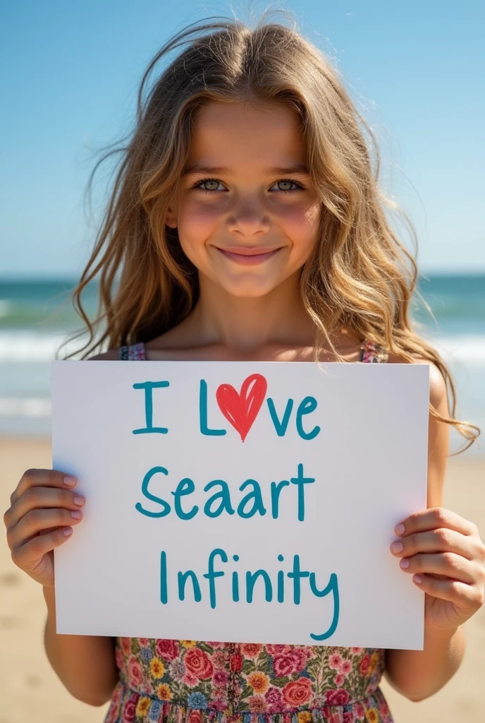 Beautiful girl with wavy long hair, bohemian dress, holding a white board with text "I Love Seaart Infinity" and showing it to the viewer