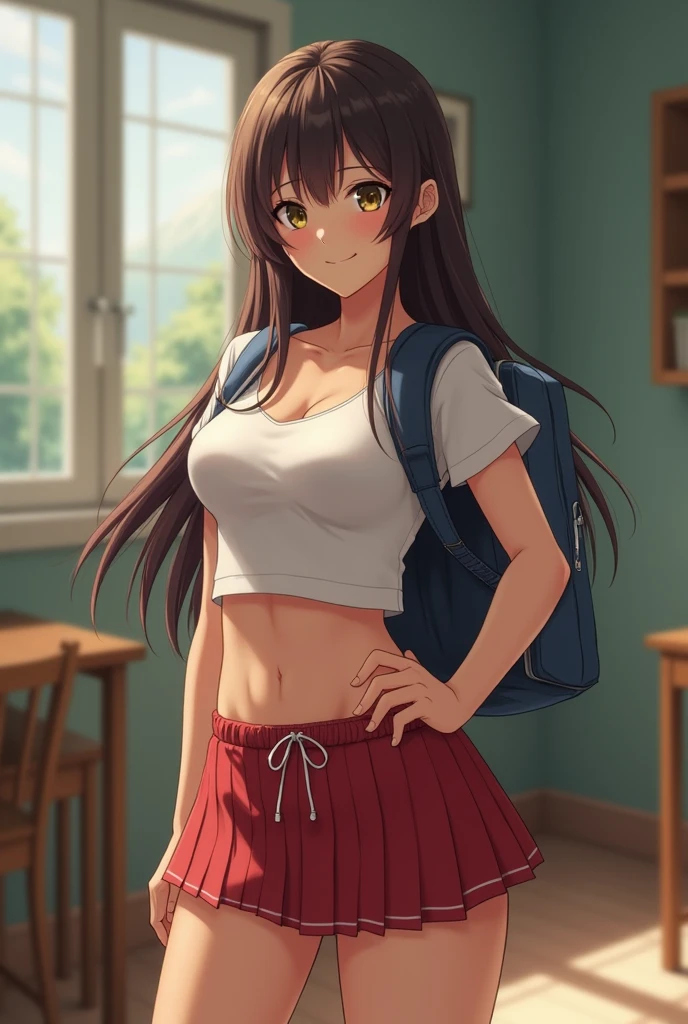 school girl, big breasts, big thighs and big butt, with a smile 
