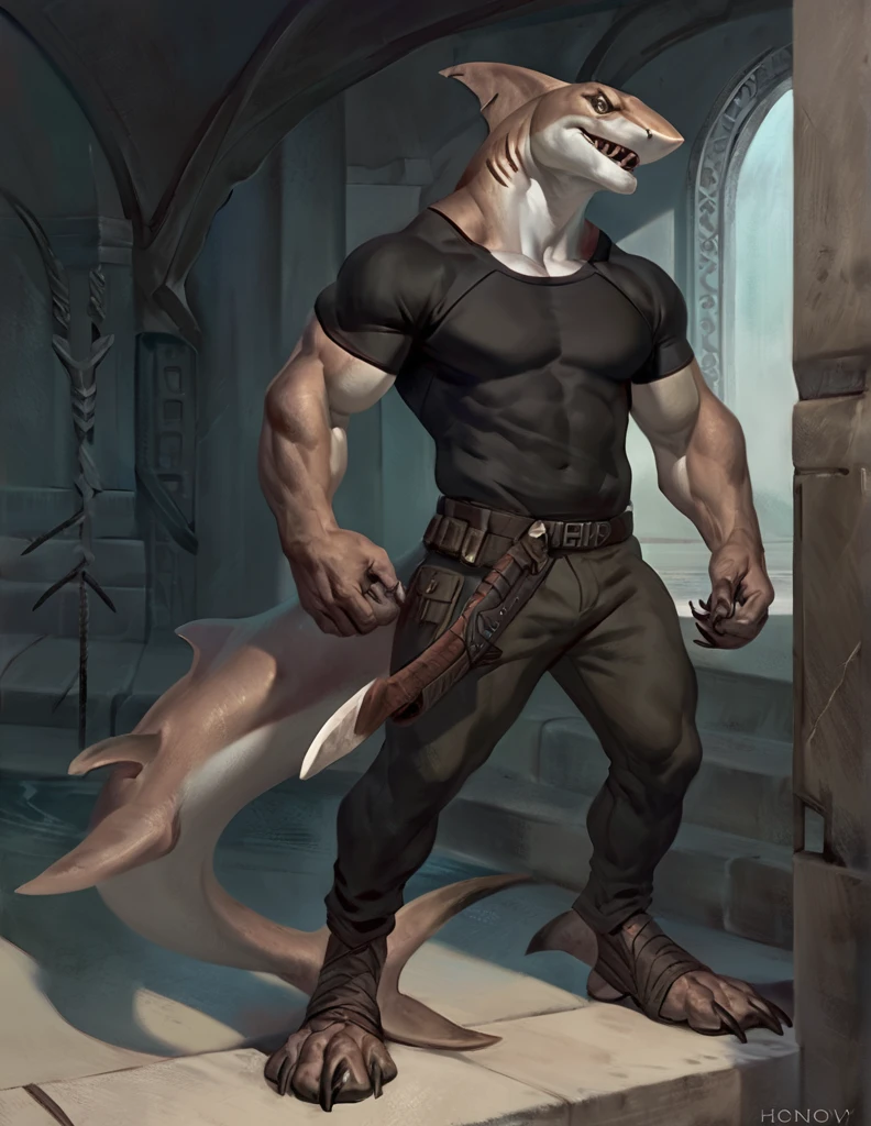Sharkfolk, bull shark, comic book style, illustration, solo, ferocious, male, standing, mercenary, pants, masterpiece, best art, full body, by laobai, by taran fiddler, by honovy, detailed eyes, detailed body, masculine body shape, fantasy, tall, tight t-shirt, pecs, pants