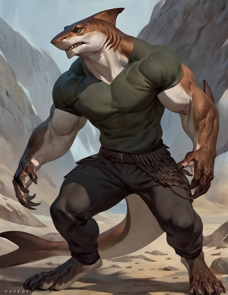 Sharkfolk, bull shark, comic book style, illustration, solo, ferocious, male, standing, mercenary, pants, masterpiece, best art, full body, by laobai, by taran fiddler, by honovy, detailed eyes, detailed body, masculine body shape, fantasy, tall, tight t-shirt, pecs, pants