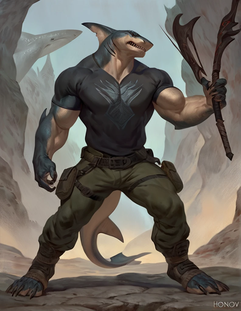 Sharkfolk, bull shark, comic book style, illustration, solo, ferocious, male, standing, mercenary, pants, masterpiece, best art, full body, by laobai, by taran fiddler, by honovy, detailed eyes, detailed body, masculine body shape, fantasy, tall, tight t-shirt, pecs, pants